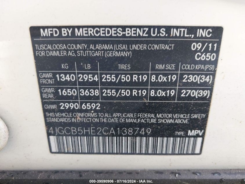 2012 Mercedes-Benz R 350 4Matic VIN: 4JGCB5HE2CA138749 Lot: 39590906