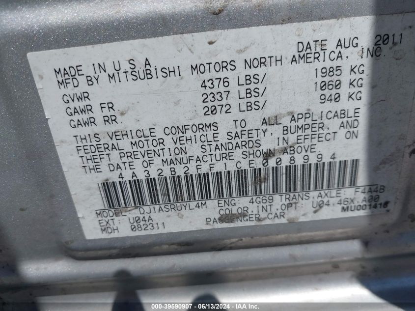 2012 Mitsubishi Galant Fe VIN: 4A32B2FF1CE008994 Lot: 39590907