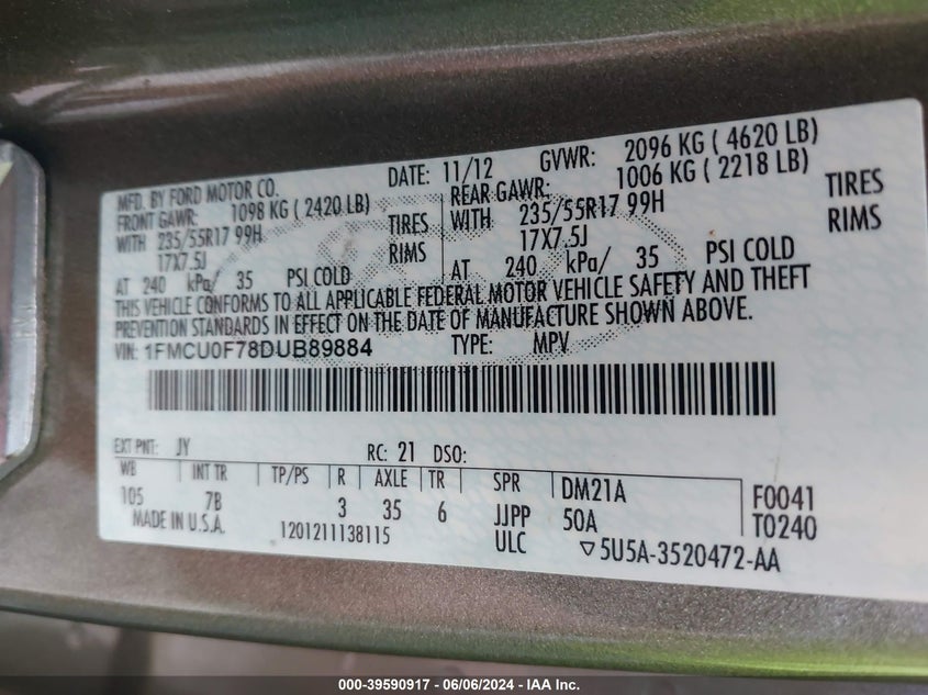 2013 Ford Escape S VIN: 1FMCU0F78DUB89884 Lot: 39590917