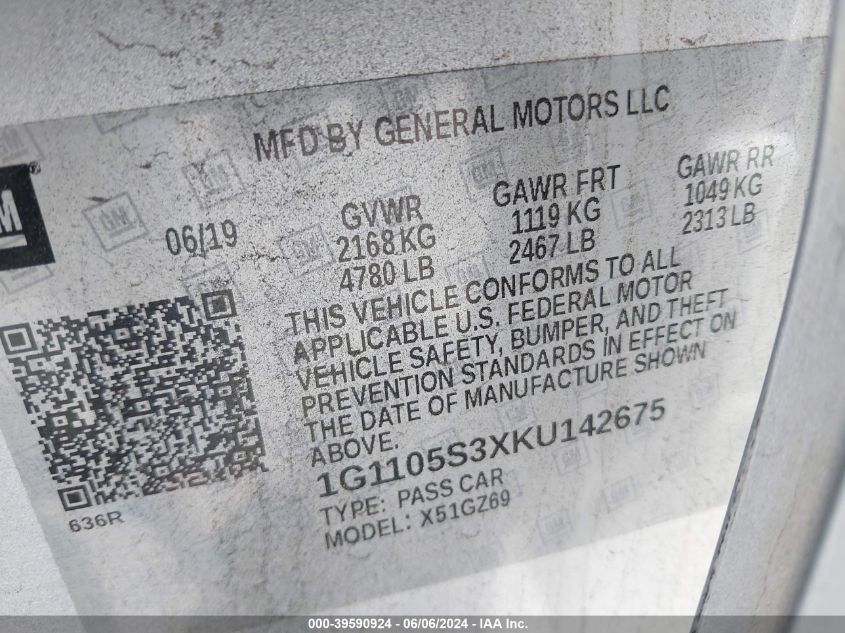 2019 Chevrolet Impala Premier VIN: 1G1105S3XKU142675 Lot: 39590924