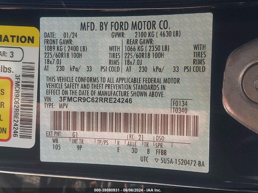 2024 Ford Bronco Sport Outer Banks VIN: 3FMCR9C62RRE24246 Lot: 39590931