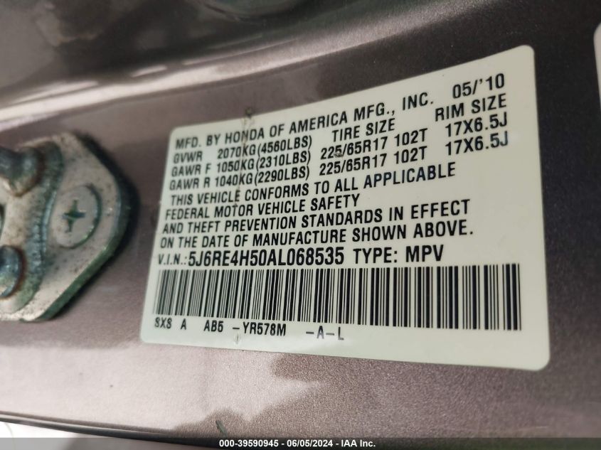 2010 Honda Cr-V Ex VIN: 5J6RE4H50AL068535 Lot: 39590945