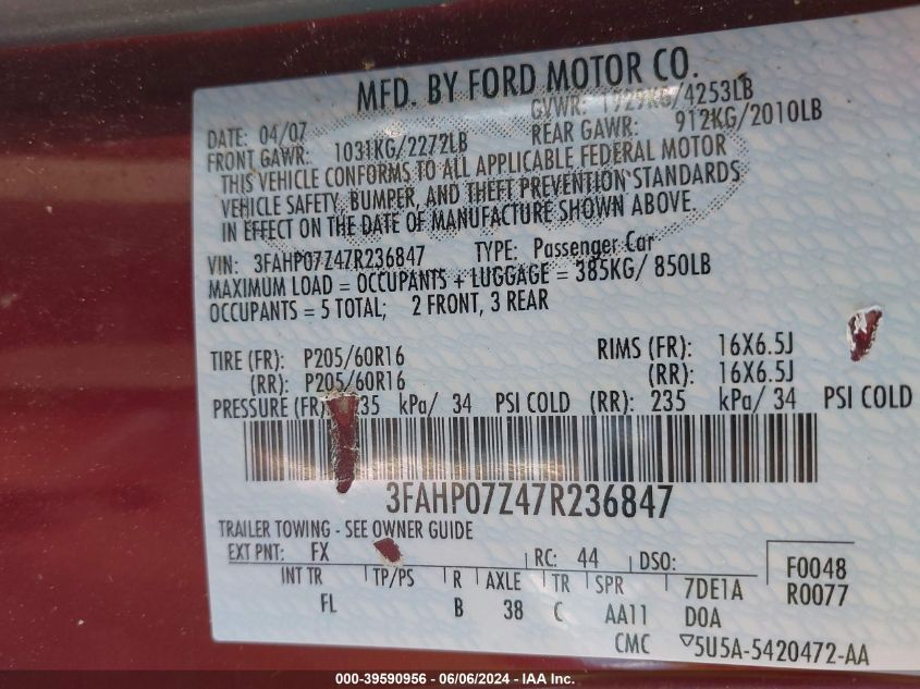 2007 Ford Fusion Se VIN: 3FAHP07Z47R236847 Lot: 39590956
