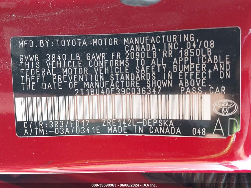 2009 Toyota Corolla S VIN: 2T1BU40E39C036347 Lot: 39590963