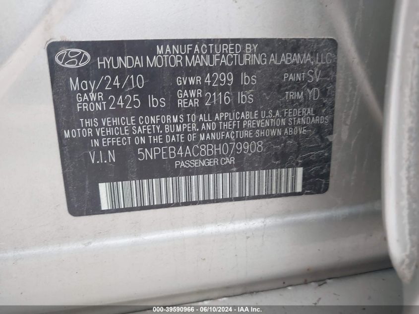 5NPEB4AC8BH079908 2011 Hyundai Sonata Gls