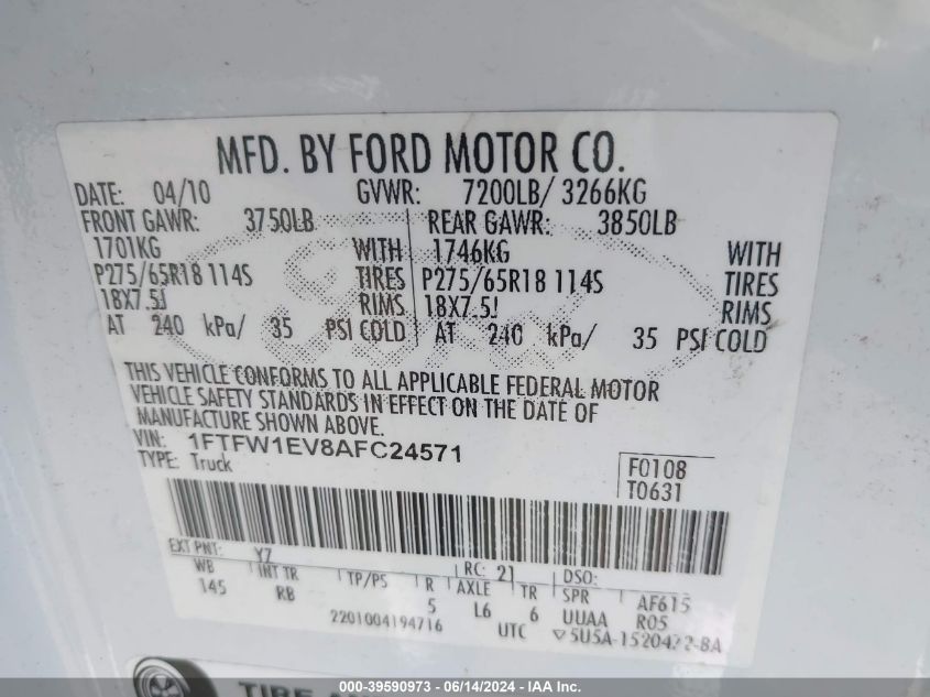 2010 Ford F-150 Fx4/Harley-Davidson/King Ranch/Lariat/Platinum/Xl/Xlt VIN: 1FTFW1EV8AFC24571 Lot: 39590973