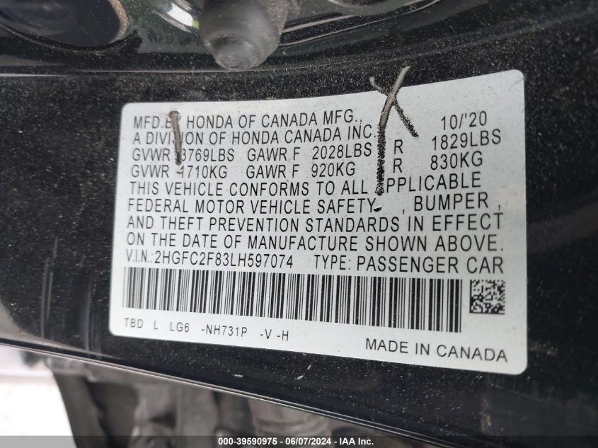 2020 Honda Civic Sport VIN: 2HGFC2F83LH597074 Lot: 39590975