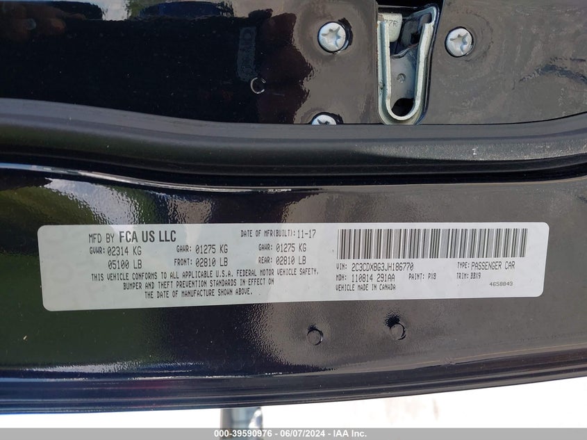 2018 Dodge Charger Sxt Rwd VIN: 2C3CDXBG3JH186770 Lot: 39590976