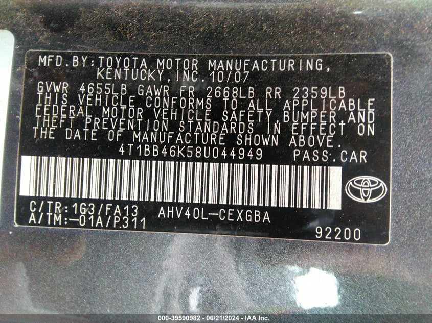 2008 Toyota Camry Hybrid VIN: 4T1BB46K58U044949 Lot: 39590982