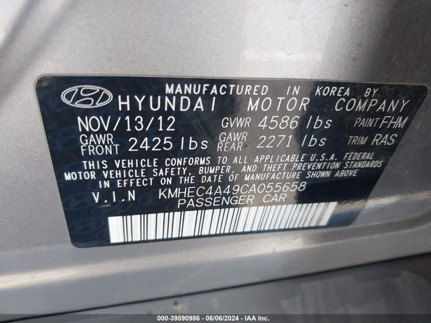 2012 Hyundai Sonata Hybrid VIN: KMHEC4A49CA055658 Lot: 39590986