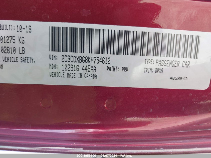 2019 Dodge Charger Sxt Rwd VIN: 2C3CDXBG8KH754612 Lot: 39591001