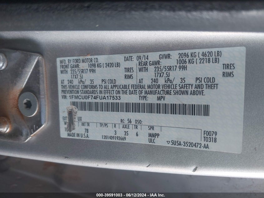 2015 Ford Escape S VIN: 1FMCU0F74FUA17533 Lot: 39591003