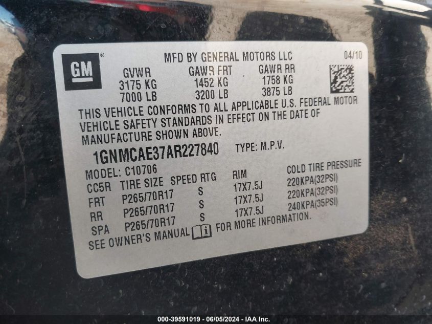 2010 Chevrolet Tahoe Ls VIN: 1GNMCAE37AR227840 Lot: 39591019