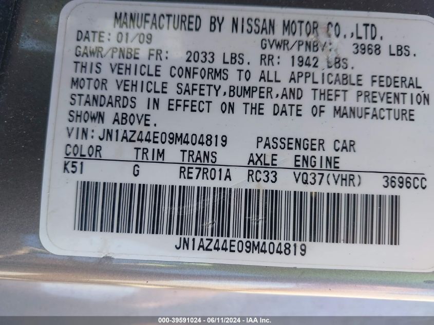 2009 Nissan 370Z Touring VIN: JN1AZ44E09M404819 Lot: 39591024