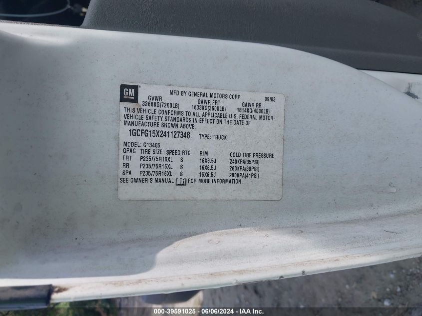 2004 Chevrolet Express VIN: 1GCFG15X241127348 Lot: 39591025