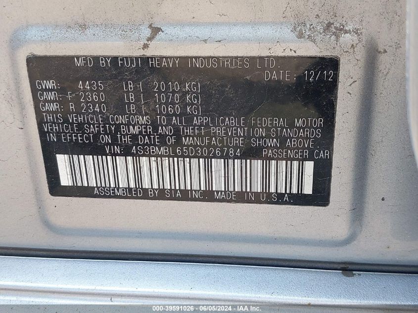 2013 Subaru Legacy 2.5I Limited VIN: 4S3BMBL65D3026784 Lot: 39591026