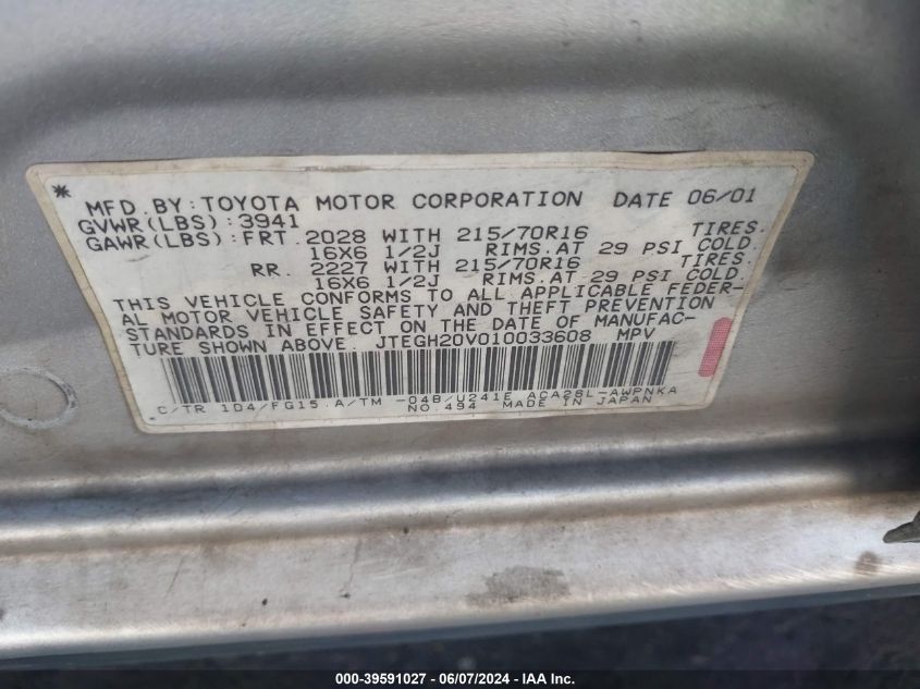 2001 Toyota Rav4 VIN: JTEGH20V010033608 Lot: 39591027