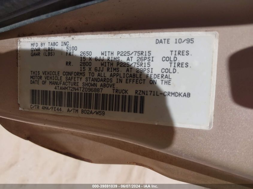 1996 Toyota Tacoma Xtracab VIN: 4TAWM72N4TZ096887 Lot: 39591039