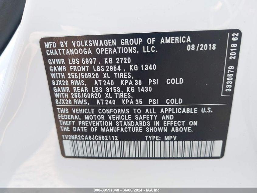 2018 Volkswagen Atlas 3.6L V6 Sel Premium VIN: 1V2NR2CA6JC592112 Lot: 39591040