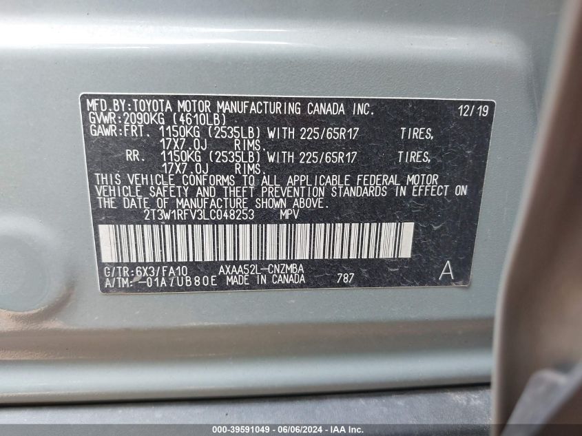 2020 Toyota Rav4 Xle VIN: 2T3W1RFV3LC048253 Lot: 39591049