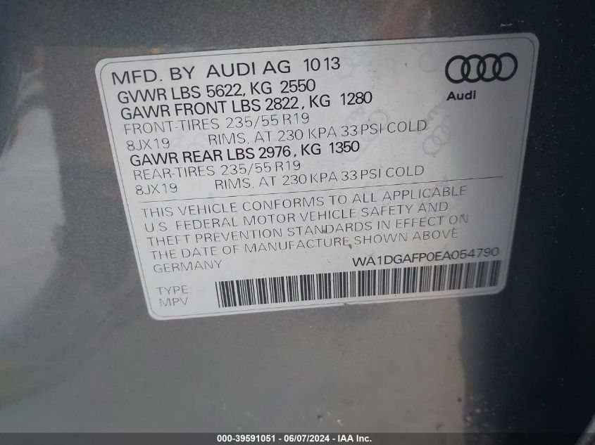 2014 Audi Q5 3.0T Premium Plus VIN: WA1DGAFP0EA054790 Lot: 39591051