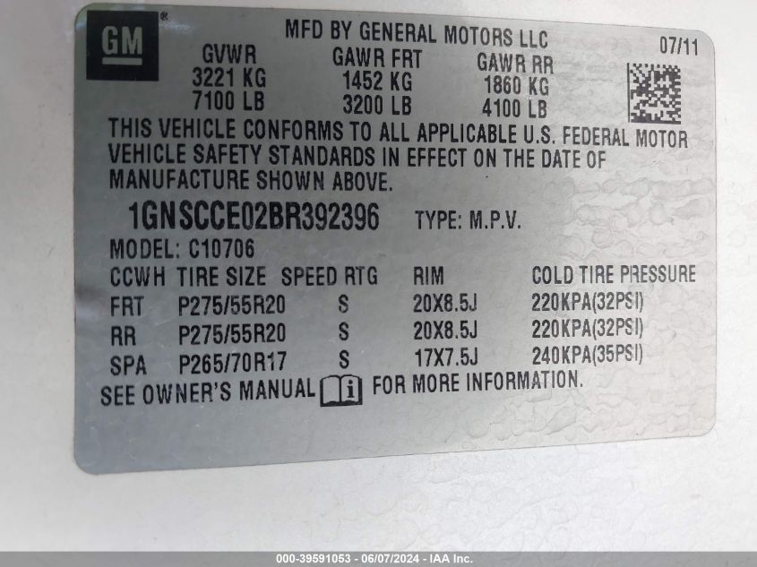 2011 Chevrolet Tahoe Ltz VIN: 1GNSCCE02BR392396 Lot: 39591053