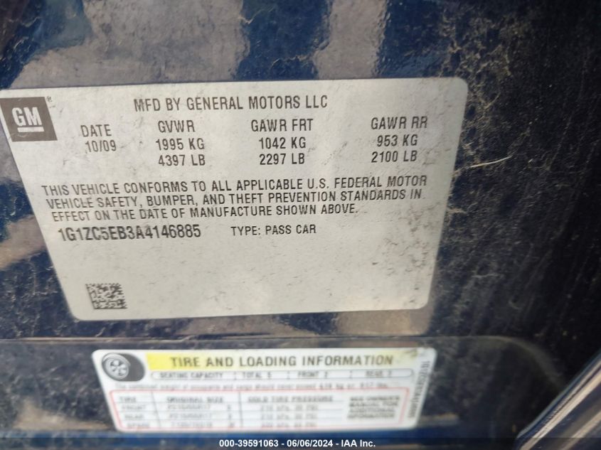 2010 Chevrolet Malibu Lt VIN: 1G1ZC5EB3A4146885 Lot: 39591063