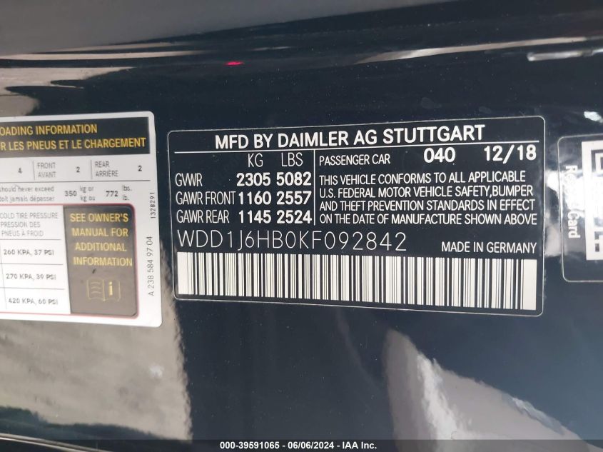 2019 Mercedes-Benz E 450 VIN: WDD1J6HB0KF092842 Lot: 39591065