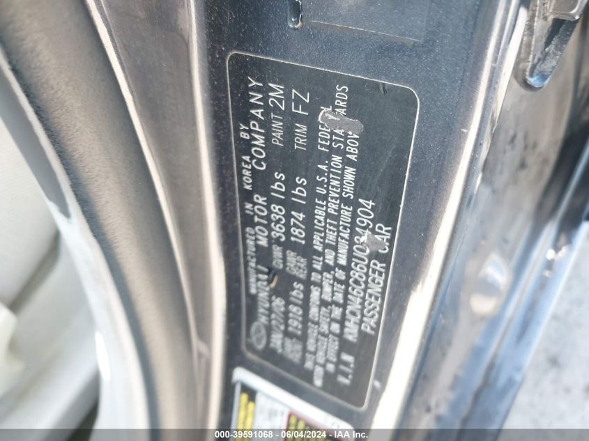 2006 Hyundai Accent Gls VIN: KMHCN46C86U034904 Lot: 39591068