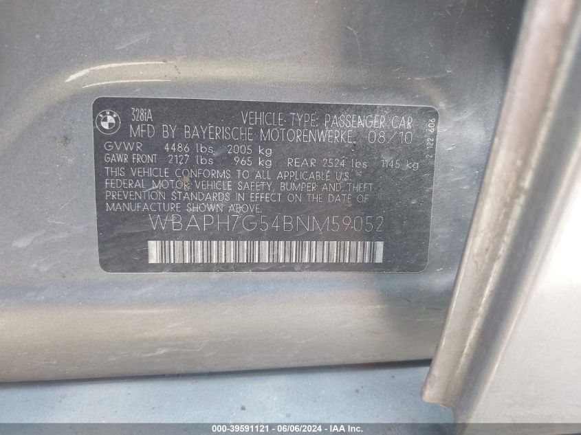 2011 BMW 328I VIN: WBAPH7G54BNM59052 Lot: 39591121