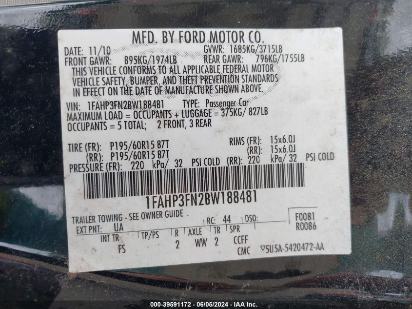 2011 Ford Focus Se VIN: 1FAHP3FN2BW188481 Lot: 39591172