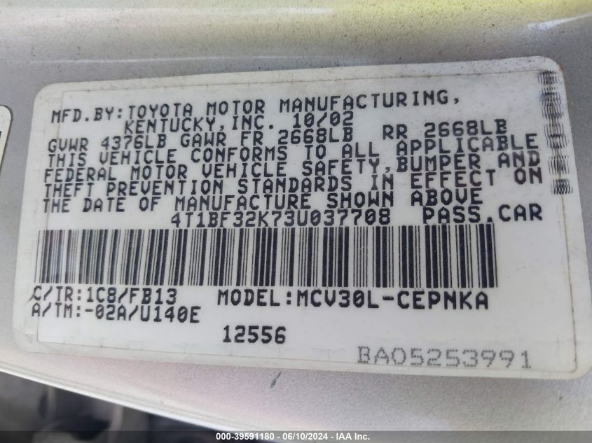 2003 Toyota Camry Le VIN: 4T1BF32K73U037708 Lot: 39591180