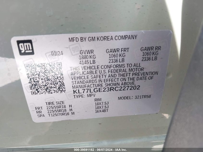 2024 Chevrolet Trax Fwd 1Rs VIN: KL77LGE23RC227202 Lot: 39591182