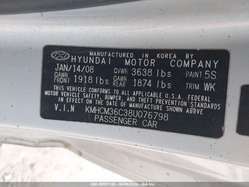 2008 Hyundai Accent Gs VIN: KMHCM36C38U076798 Lot: 39591183