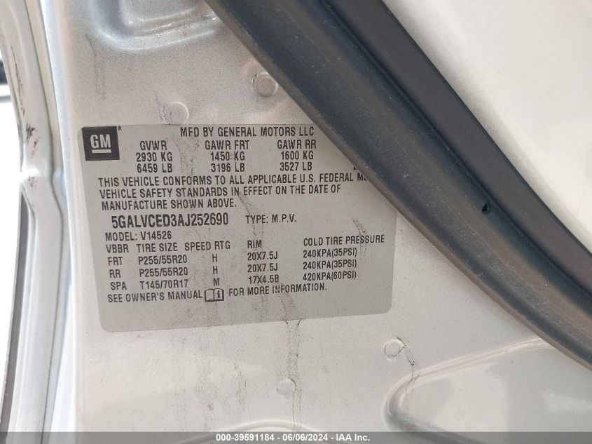 2010 Buick Enclave 2Xl VIN: 5GALVCED3AJ252690 Lot: 39591184