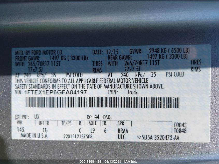 2016 Ford F-150 Xl VIN: 1FTEX1EP6GFA84197 Lot: 39591186