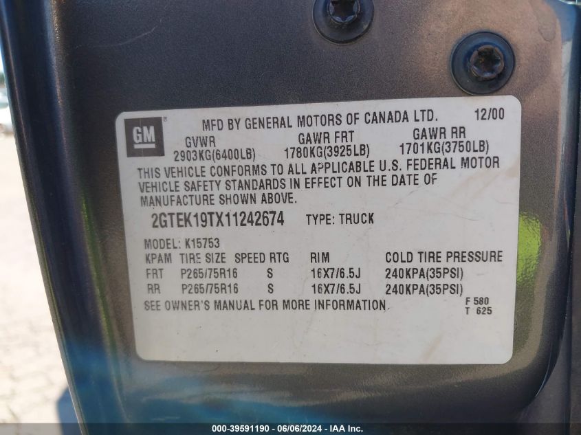 2001 GMC Sierra 1500 Sle VIN: 2GTEK19TX11242674 Lot: 39591190