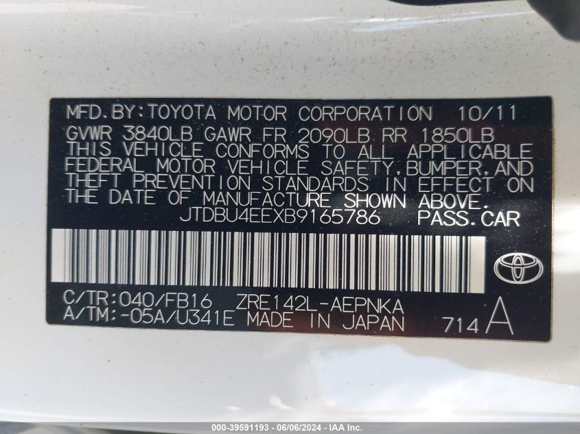 2011 Toyota Corolla Le VIN: JTDBU4EEXB9165786 Lot: 39591193