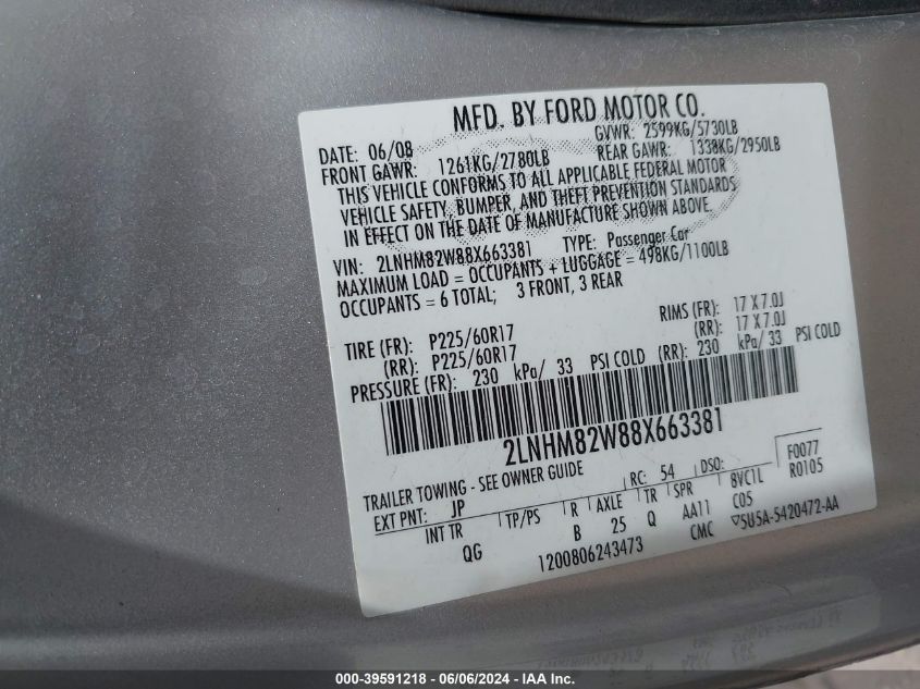 2008 Lincoln Town Car Signature Limited VIN: 2LNHM82W88X663381 Lot: 39591218