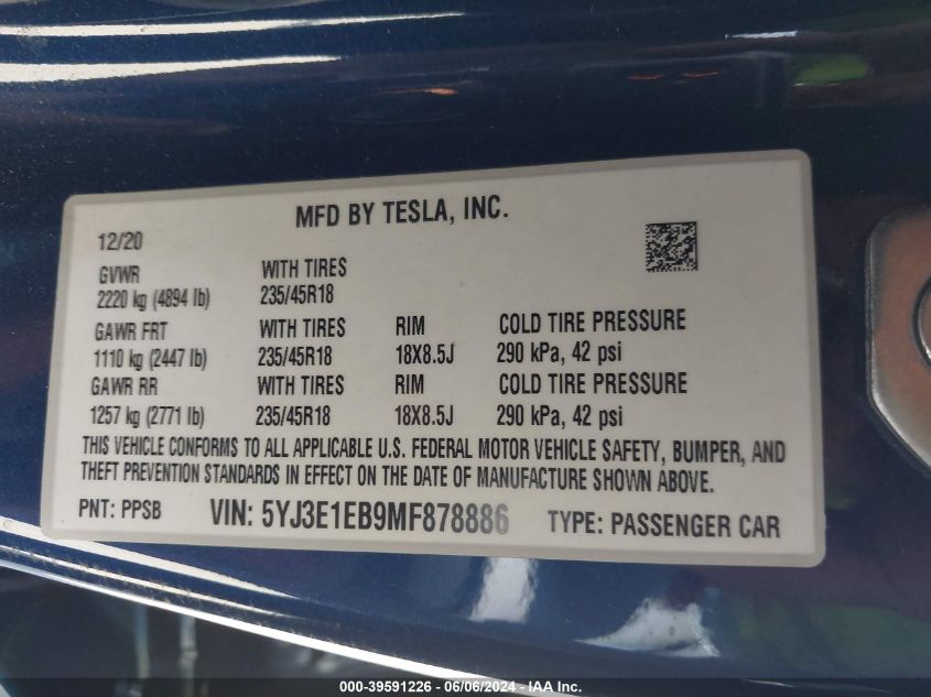 2021 Tesla Model 3 Long Range Dual Motor All-Wheel Drive VIN: 5YJ3E1EB9MF878886 Lot: 39591226