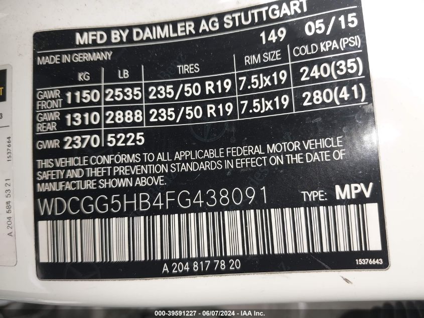 2015 Mercedes-Benz Glk 350 VIN: WDCGG5HB4FG438091 Lot: 39591227