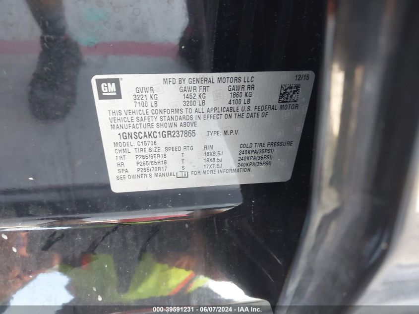 2016 Chevrolet Tahoe Ls VIN: 1GNSCAKC1GR237865 Lot: 39591231