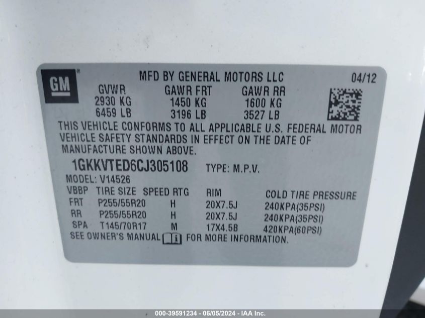 2012 GMC Acadia Denali VIN: 1GKKVTED6CJ305108 Lot: 39591234