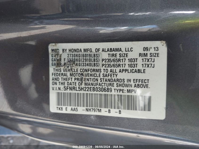 2014 Honda Odyssey Lx VIN: 5FNRL5H22EB030689 Lot: 39591239