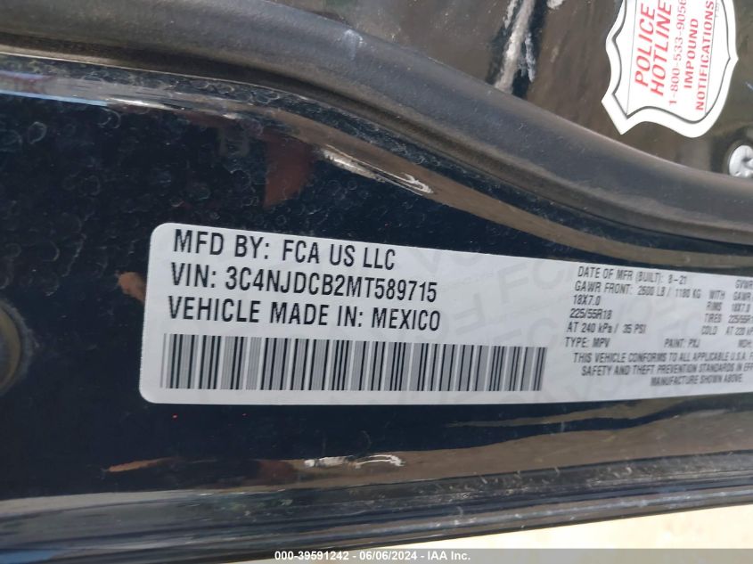 2021 Jeep Compass Limited 4X4 VIN: 3C4NJDCB2MT589715 Lot: 39591242