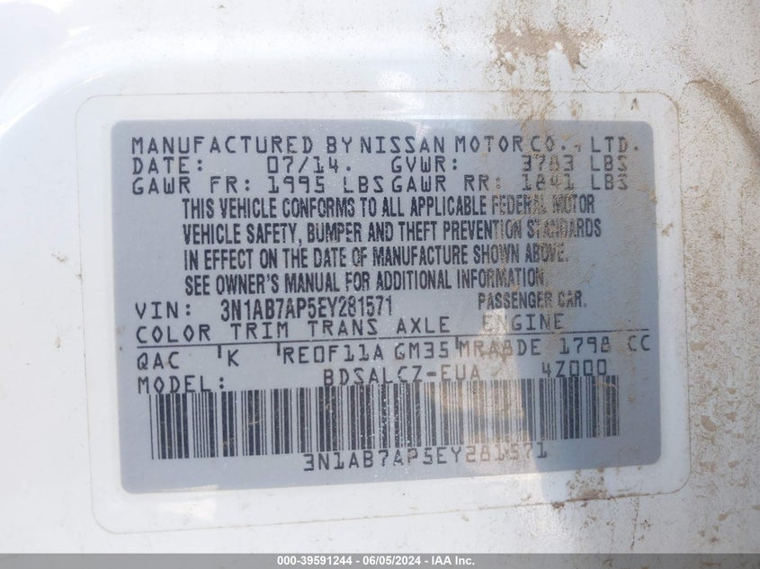 2014 Nissan Sentra S VIN: 3N1AB7AP5EY281571 Lot: 39591244