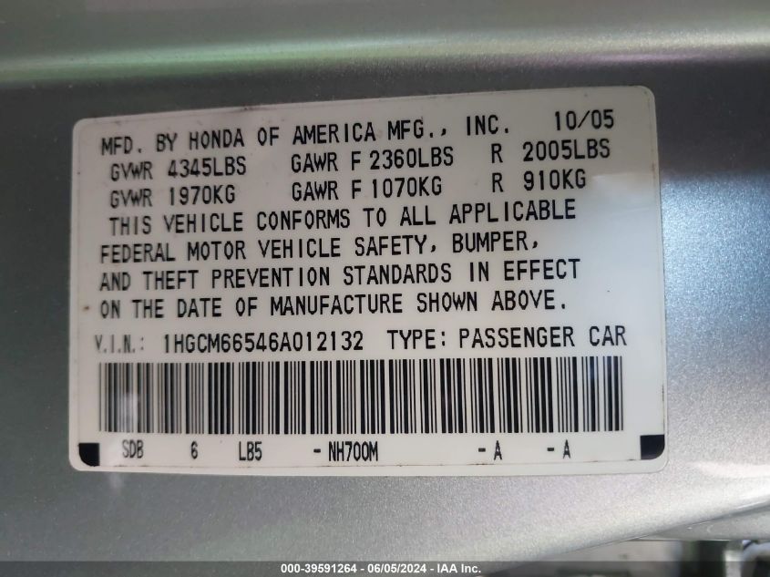 2006 Honda Accord 3.0 Ex VIN: 1HGCM66546A012132 Lot: 39591264
