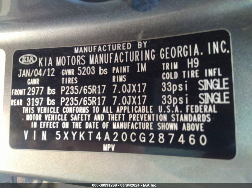 2012 Kia Sorento Lx V6 VIN: 5XYKT4A20CG287460 Lot: 39591268
