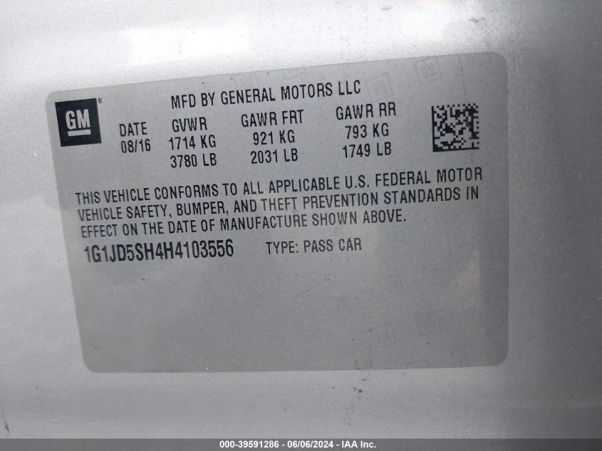 2017 Chevrolet Sonic Lt VIN: 1G1JD5SH4H4103556 Lot: 39591286