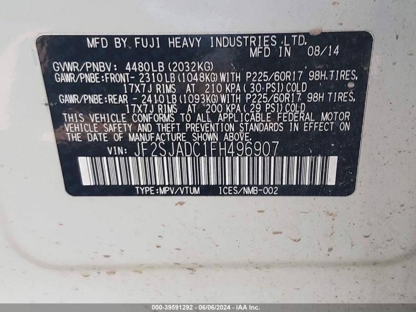 2015 Subaru Forester 2.5I Premium VIN: JF2SJADC1FH496907 Lot: 39591292